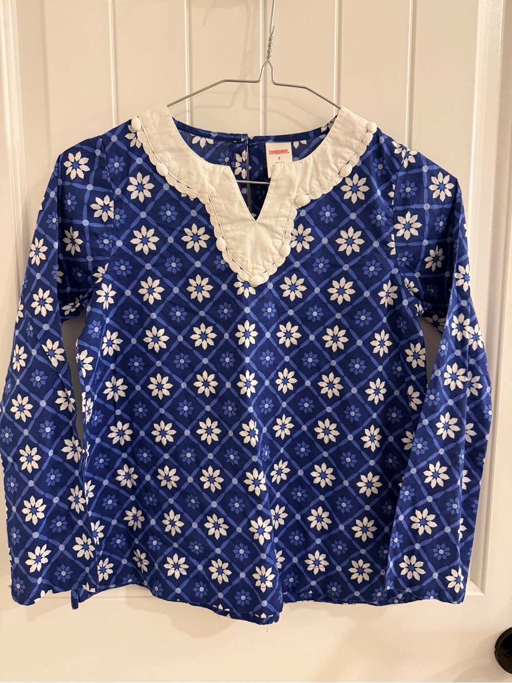 Gymboree girls size 9 Blue white Long-Sleeve Top with White Trim EUC